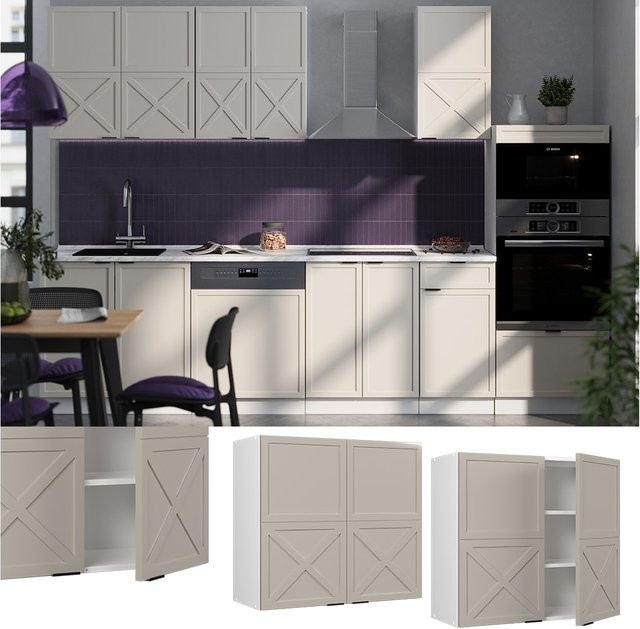 Vicco Hängeschrank Fame-Line Küchenschrank mit Glastüren in Weiß, Grau und Beige, B: 80 cm, H: 72 cm, T: 34,1 cm - Bild 1