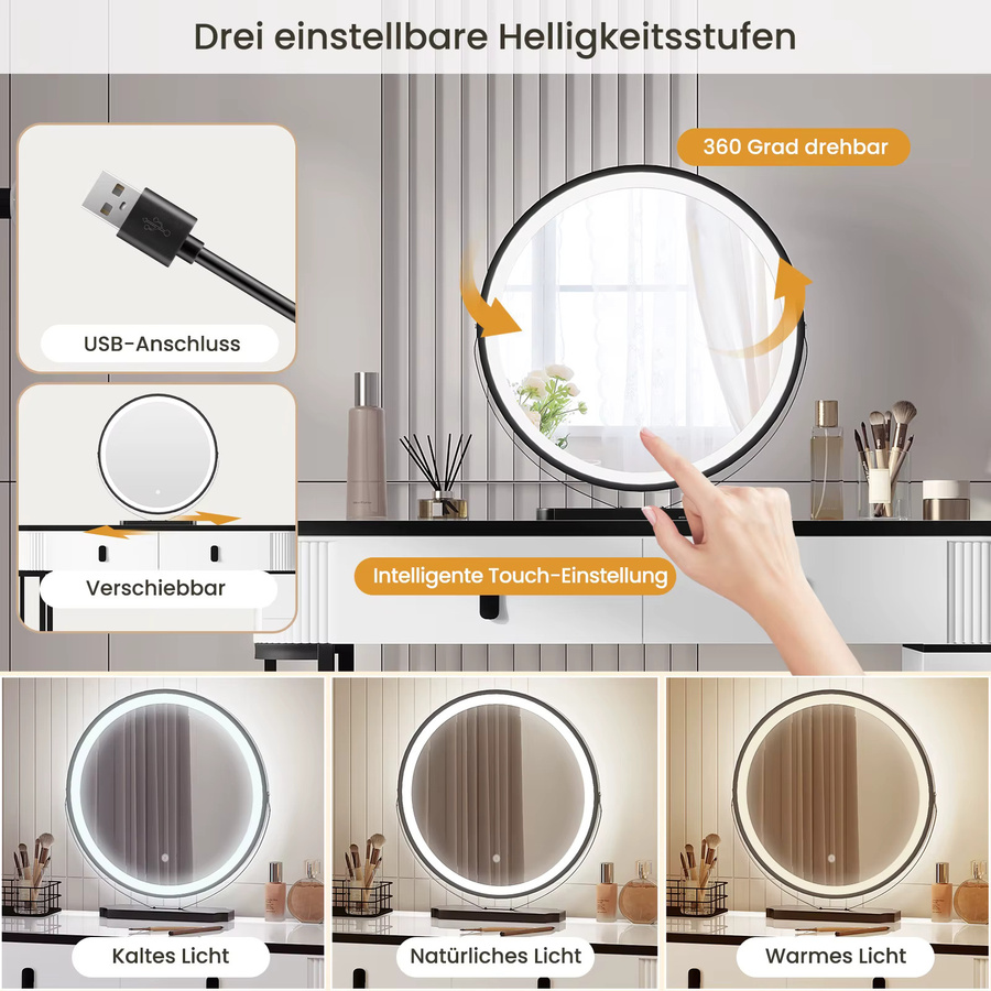 WOLTU Schminktisch mit Hollywood LED-Beleuchtung in Weiß für dein Schlafzimmer - Bild 3