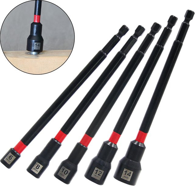 VIBRATITE Magnetisches Muttertreiber Set aus Legiertem Stahl, 5-teilig, 6 Zoll, Hex Buchsen Adapter für Schlagbohrmaschinen, Größen: 6 mm, 8 mm, 10 mm, 12 mm, 14 mm - Bild 1