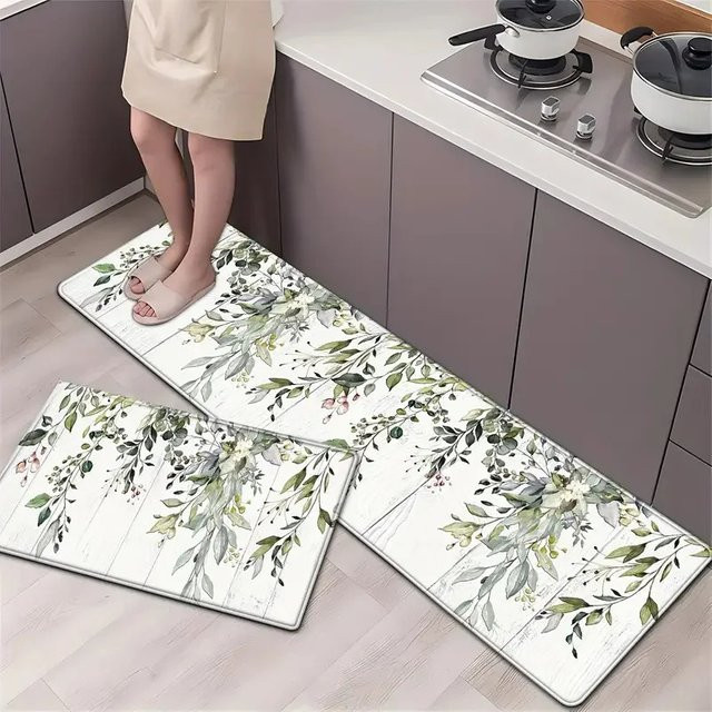 VIKAMA Küchenbodenmatte mit grünem Pflanzenmuster, Anti-Rutsch- und Anti-Ermüdungs-Matte für Flur und Eingangsbereich, Farbe: Grün/Weiß, B/T: 40 x 60 cm - Bild 1