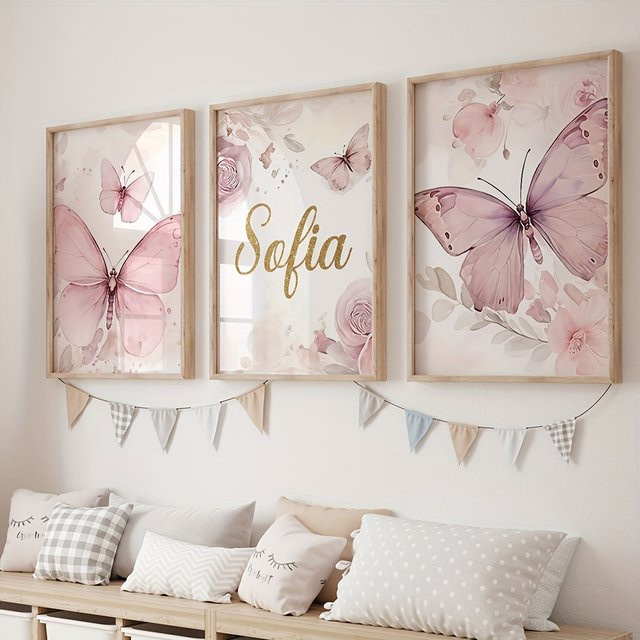 Potdemiel 3er-Set Schmetterlings-Wandkunst-Poster mit Blumen-Design in Rosa und Lila - Bild 1