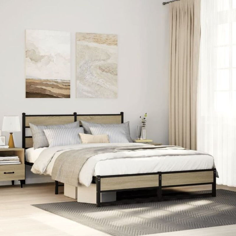 Metallbett Vidaxl in Sonoma-Eiche und Braun im Industrial-Stil, B/T/H: 160 x 200 cm - Bild 1