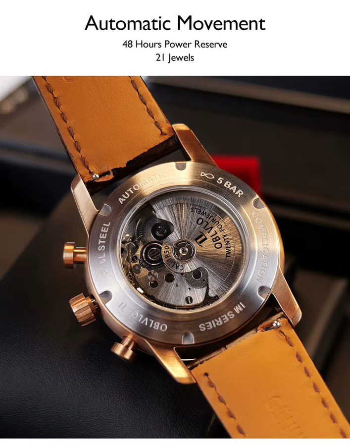 OBLVLO Armbanduhr Automatik, Edelstahl, Leder, 42 mm, Herren - Bild 5