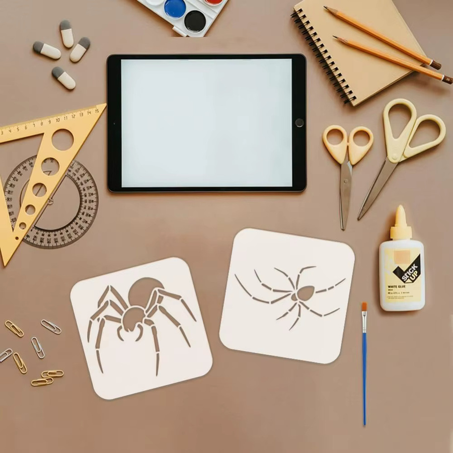 9 Stück Halloween Spinnen-Schablonen mit Kunststoffpinsel, 9 verschiedene Spinnen-Muster, Zeichnungsschablonen für Bastelarbeiten, B/B: 15 x 15 cm - Bild 3
