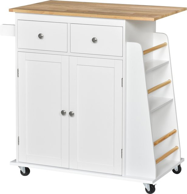 Aosom HOMCOM Servierwagen Küchenwagen mit Rollen, Seitenregal und Gewürzregal in Weiß und Natur, B/T/H: 89 x 45 x 89,5 cm - Bild 1