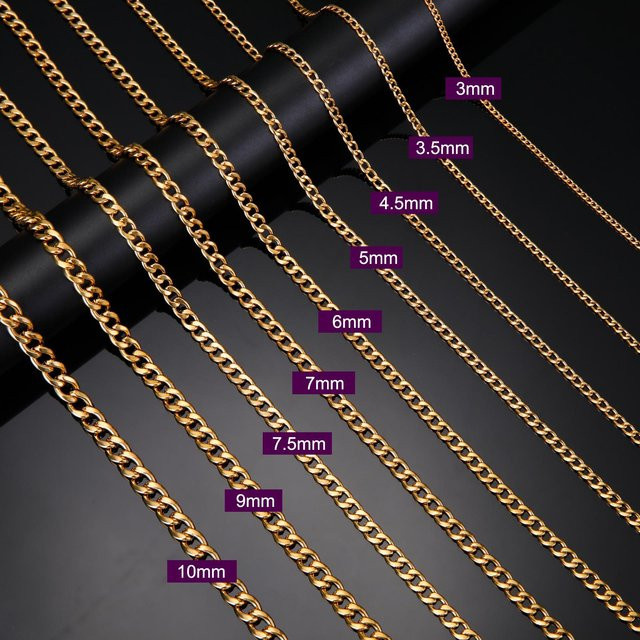 Halskette Curb Cuban Chain, Edelstahl, Gold, 3mm, 55cm, Unisex - Bild 1