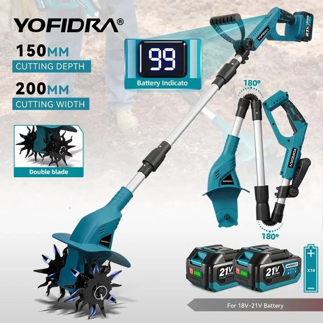 YOFIDRA Elektrischer Gartenfräser Kultivator und Vertikutierer als faltbarer Bodenlockerer für Makita 21V Akku - Bild 1