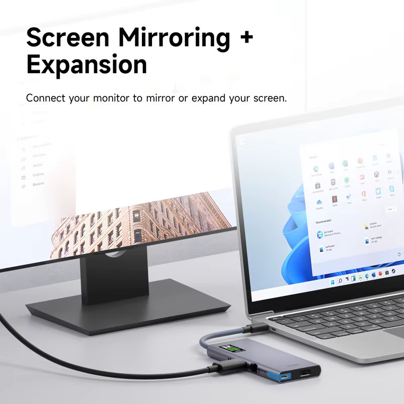 Hagibis USB C Hub Multiport-Adapter mit LCD-Display in Grau, 4K HDMI, 100W PD und Gigabit Ethernet für MacBook Pro und iPad - Bild 3