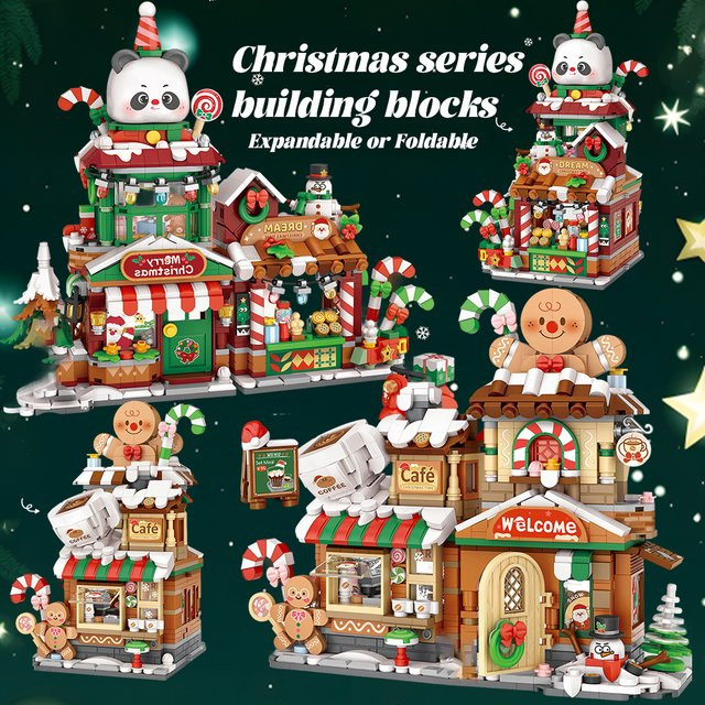 HUIQIBAO Weihnachtsbaum Panda Schneemann Shop Modell Baustein, DIY Lebkuchen Café Ziegel Ornament Spielzeug - Bild 1