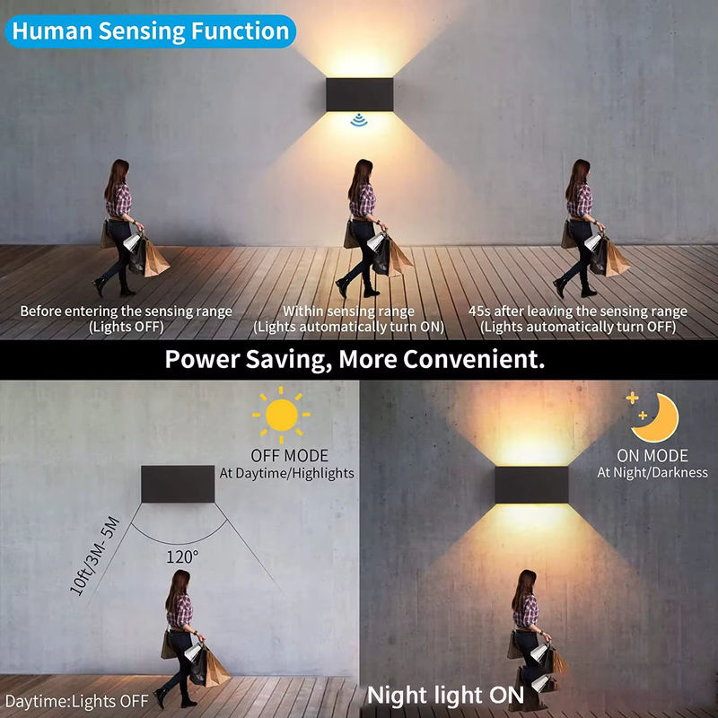 SUNMEIYI LED-Außenwandleuchte mit Bewegungsmelder, 24 W, Up-Down-Beleuchtung, IP65 wasserdicht, Schwarz/Weiß, modern und verstellbar - Bild 3