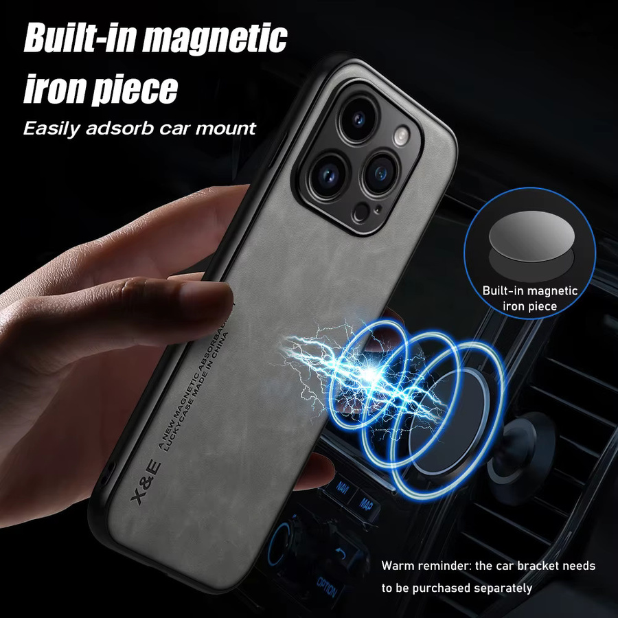 Luxuriöse Lederhülle für Apple iPhone kompatibel mit iPhone 17 Pro Max 16 15 14 13 12 11 Plus in Grau mit Metallplatte für Magnet-Autohalterungen - Bild 3