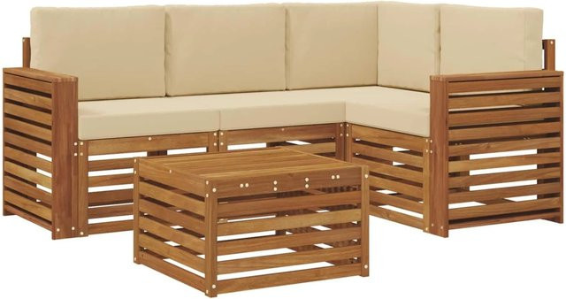 vidaXL 5-teiliges Gartenmöbelset L-Form aus Akazienholz in Natur und Beige mit Kissen - Bild 1