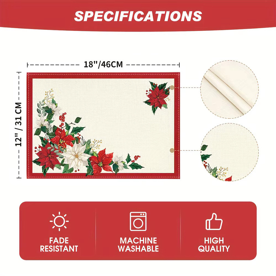 VIKAMA Hitzebeständige Topf-Tischmatte aus Baumwolle mit beige floralem Weihnachtsmuster, rechteckig - Bild 4