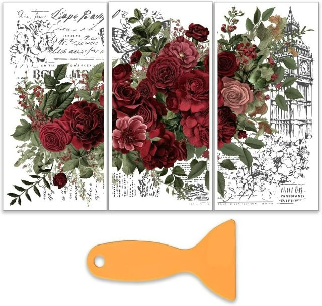 3er Set Rose Rub on Transfers für Möbel und Kunsthandwerk, rote Blumen, B: 15,2 cm, H: 30,5 cm - Bild 1