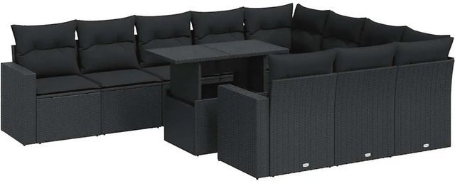 vidaXL 11-teilige Garten-Sofagarnitur in L-Form aus schwarzem Poly-Rattan mit Kissen und pulverbeschichtetem Stahlgestell - Bild 1