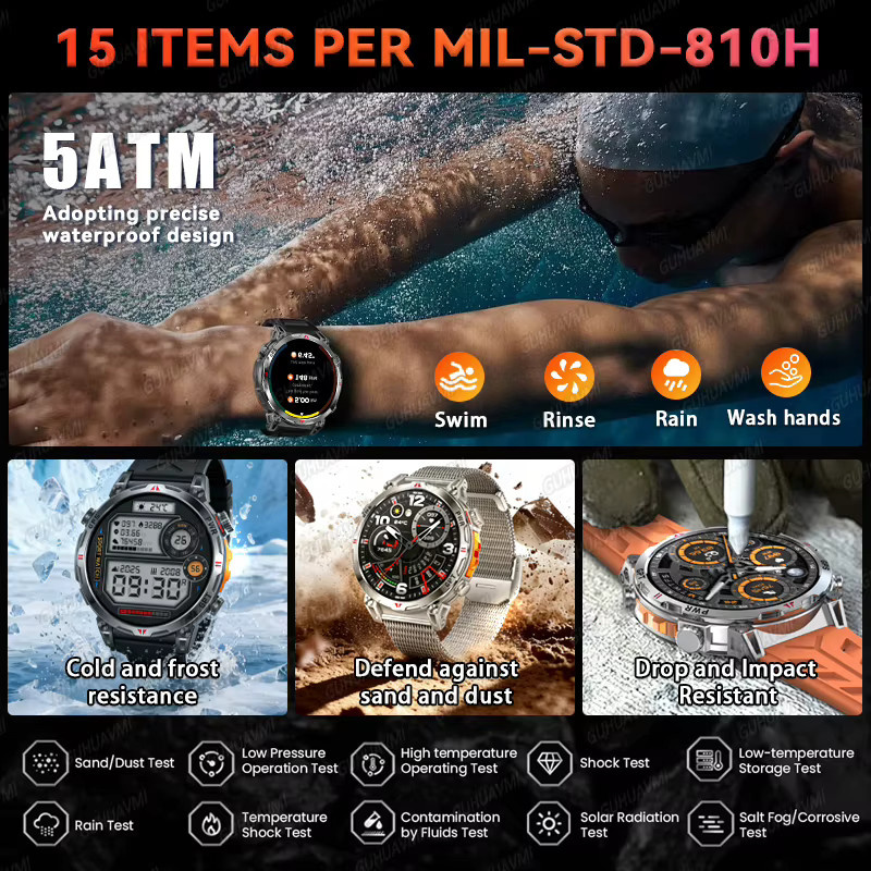 GUHUAVMI Outdoor GPS Smartwatch für Herren mit 1,56 Zoll AMOLED Display, Kompass, 5ATM Wasserdichtigkeit und Bluetooth Telefonfunktion in Schwarz - Bild 4