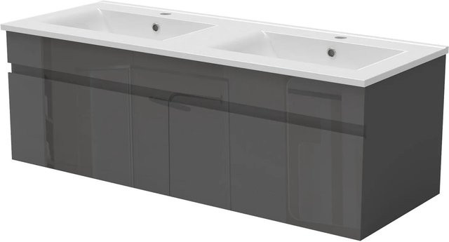 AICA Badmöbel BERGEN 2-teiliges Badezimmerset mit Keramik Waschtisch und Unterschrank, Hochglanz Anthrazit, Grifflos, Softclose Türen, Breite: 120 cm, Tiefe: 44,5 cm, Höhe: 44 cm - Bild 1
