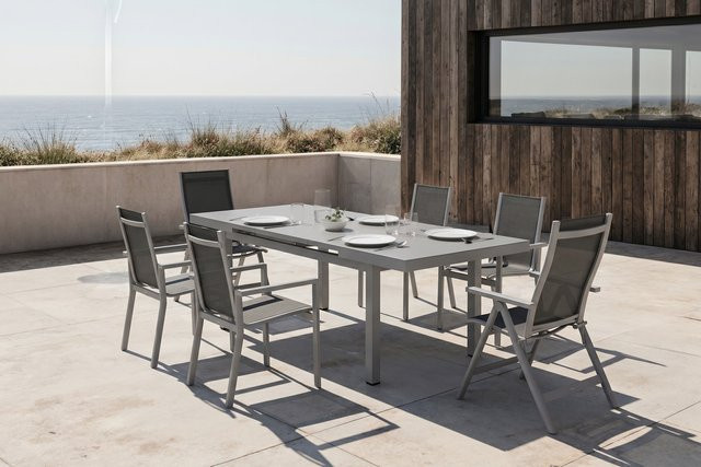 OUTFLEXX Premium Garten-Essgruppe aus Aluminium und Textilene in Silber/Grau mit ausziehbarem Tisch und 6 Stühlen - Bild 1