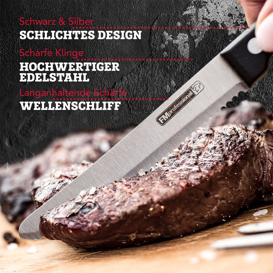 FMprofessional Steakmesser und Pizzamesser Set, 6 Stück, Schwarz, Edelstahl und Kunststoff, poliert - Bild 2