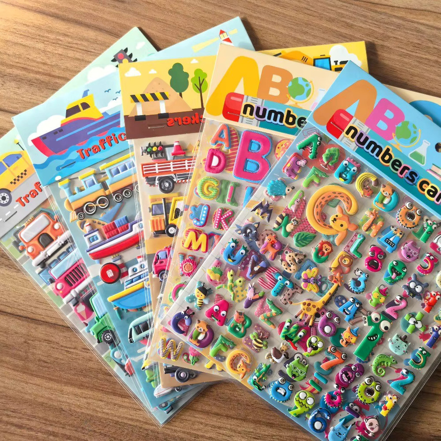 9er Set niedliche 3D-Schaumstoff-Aufkleber in verschiedenen Motiven wie Alphabet, Autos und Essen, mehrfarbig - Bild 2