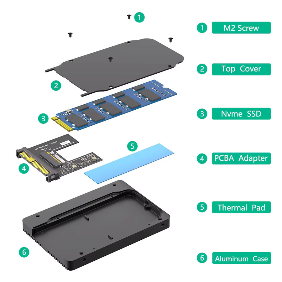 T.F.SKYWINDINTL M.2 NVMe zu U.2 SFF-8639 2,5 Zoll SSD Adapter mit Wärmeleitpad in Schwarz - Bild 2