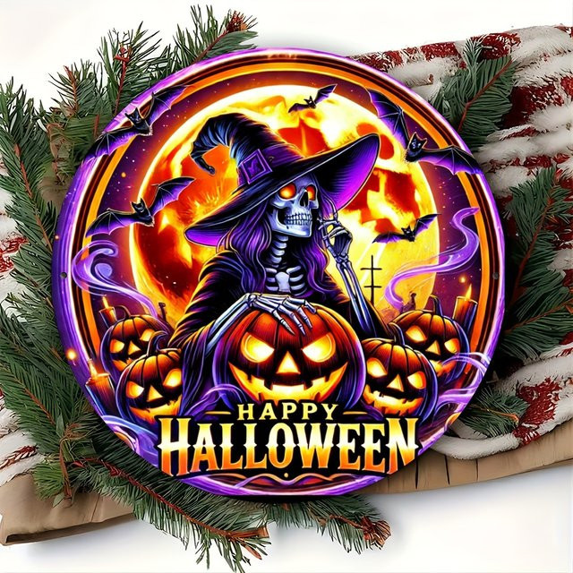 Potdemiel Halloween Gothic Hexe Metallschild Set mit Fledermäusen und Kürbislichtern, rund, Mehrfarbig, Durchmesser: 20 cm - Bild 1