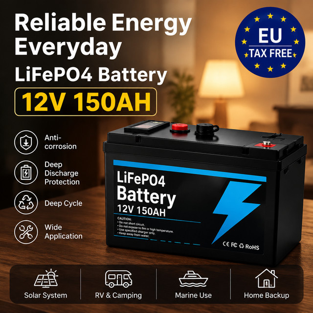 LiFePO4 12V 150Ah Lithium-Akku mit BMS-Platine in Schwarz für Solarpanels, Elektrofahrzeuge und Marine-Anwendungen - Bild 1