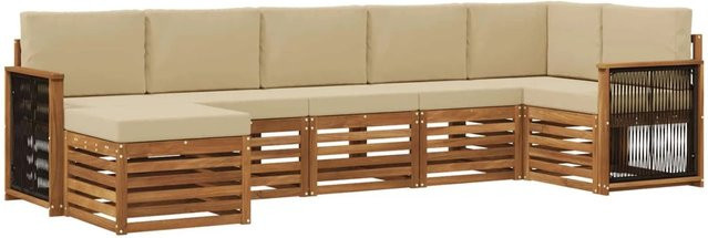 vidaXL Ecksofa Set 6-teilig aus massivem Akazienholz und wetterfestem Polyester in Natur-Beige - Bild 1