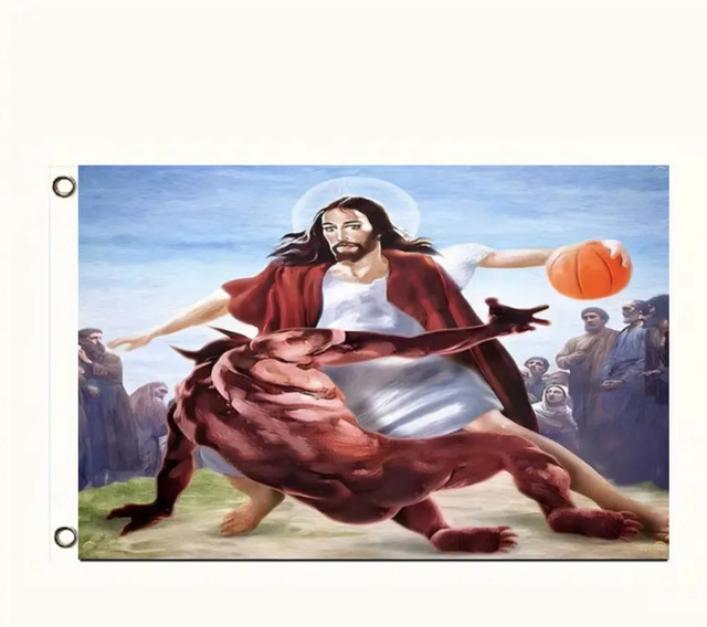Jesus vs. Satan Basketball-Flagge als Wanddekoration für Innen und Außen, B x H: 90 x 150 cm - Bild 1