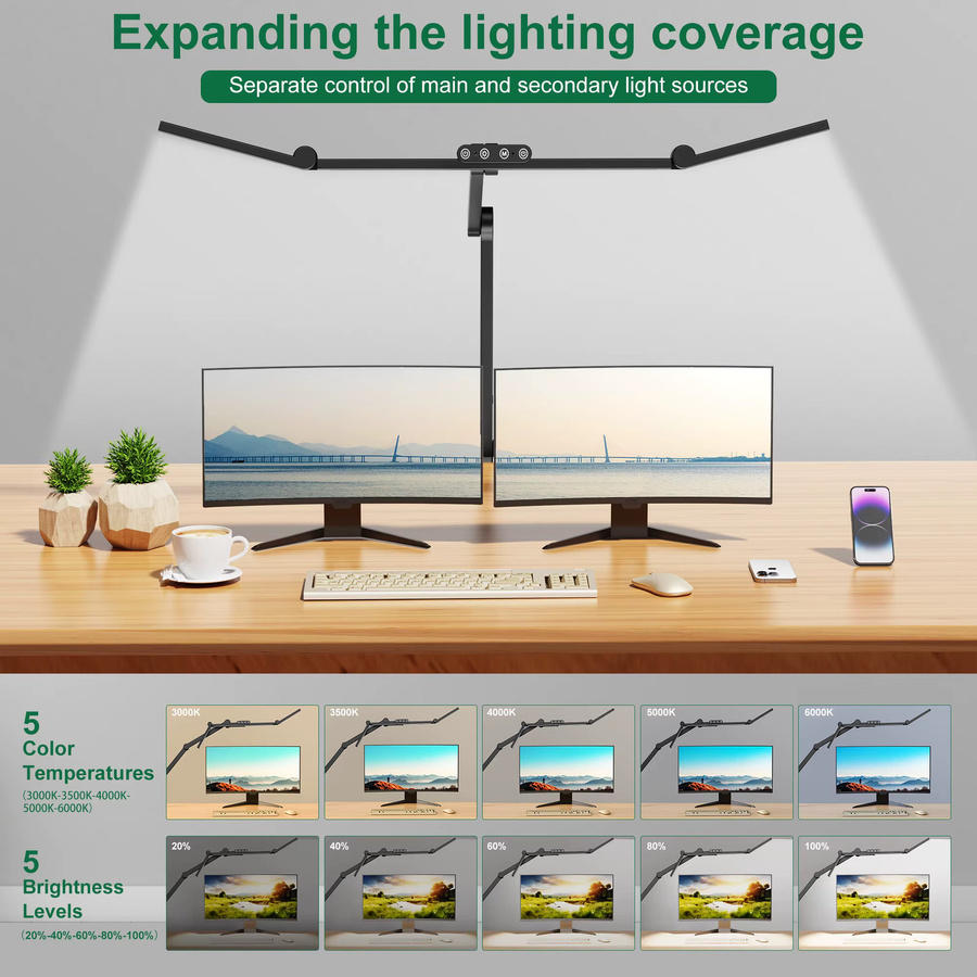 Aiopp LED-Schreibtischlampe in Schwarz mit 3 Clips, dimmbar, Timer-Funktion und flexiblem Metallarm für Home-Office und Dual-Monitor-Setups - Bild 2