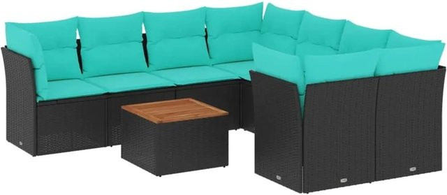 vidaXL 9-teilige Garten-Sofagarnitur in L-Form aus schwarzem Poly-Rattan mit Kissen und Akazienholztisch - Bild 1