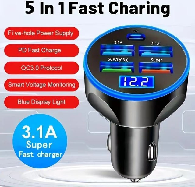 5-Port Auto-Telefonladegerät mit PD 35W und QC 3.0 Schnellladung, USB-C Adapter mit Digitalanzeige, Schwarz - Bild 1