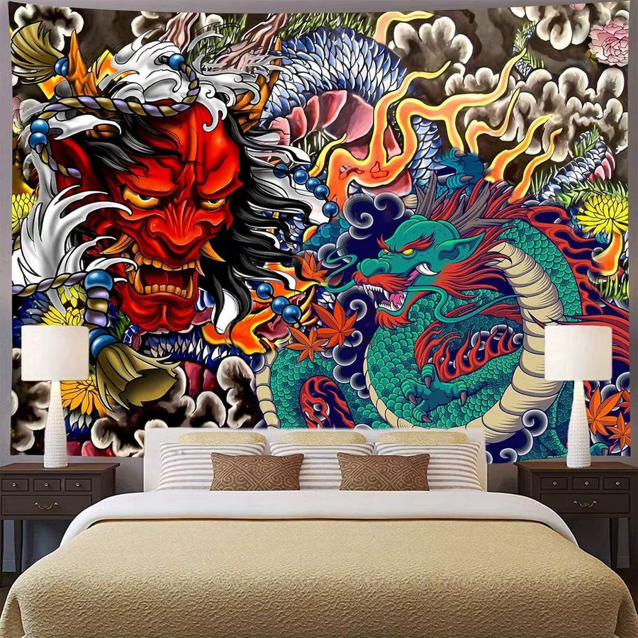 VIKAMA Wandteppich im japanischen Stil mit Hannya-Maske und grünem Drachen, bestickter Textil-Wandteppich für Gaming Room und Anime-Deko, Farbe: Grün/Mehrfarbig, B/H: 40 x 60 cm - Bild 3
