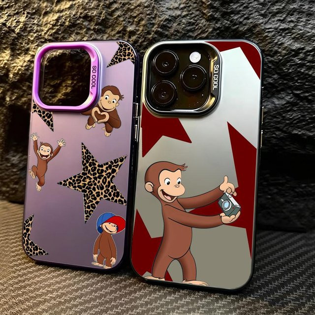 Anime C-Curious George Handyhülle für Apple iPhone 11 bis 17 Pro Max, Matte Laser Aurora Schutzhülle in Schwarz und Multicolour, Stoßfeste Hülle - Bild 1