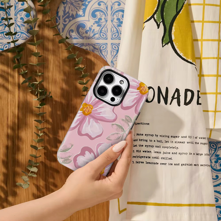 Potdemiel Handyhülle mit rosa Blumen-Design für iPhone 17 16 15 14 13 12 11 Pro Max Plus mit doppelschichtiger Rückabdeckung - Bild 3