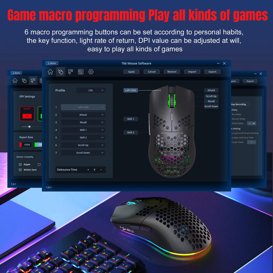 HXSJ T66 Kabellose Gaming-Maus mit RGB-Beleuchtung, 10000 DPI, 3 Modi und makro-programmierbaren 6 Tasten, wiederaufladbar - Bild 3