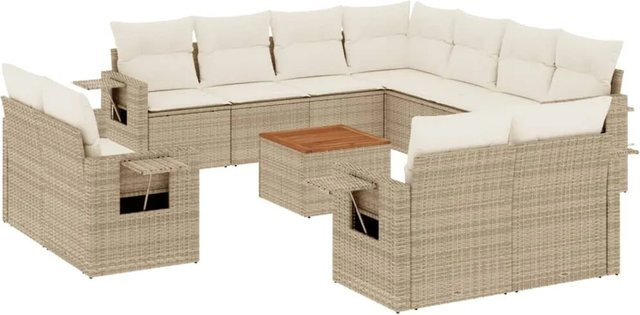 vidaXL 12-tlg. Garten-Sofagarnitur in L-Form aus Polyrattan mit Kissen und Tisch in Beige - Bild 1