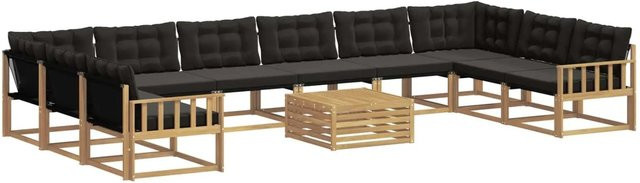 vidaXL Outdoor-Sofagarnitur 11-tlg. in U-Form aus Akazienholz mit Textilene und Kissen, Weiß-Schwarz - Bild 1