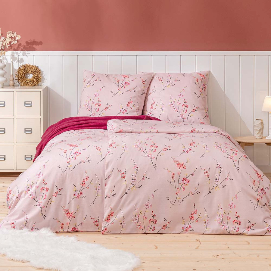 Estella Bettwäsche Trento azalee Blütenzweige aus Samt und Seide Flanell in Pink, B/H: 135 x 200 cm - Bild 1