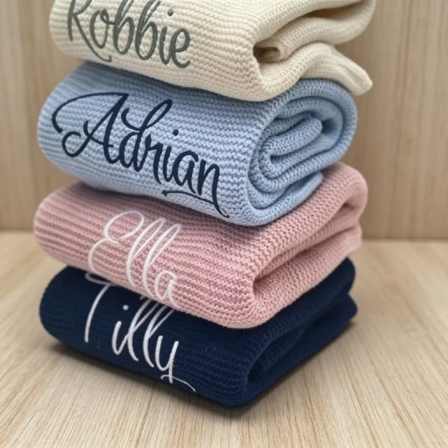 Personalisierte Babydecke aus 100% Baumwolle mit individuellem Namen von NanBeiCat, weiche gestrickte Neugeborenen-Decke für Kinderwagen und als Geschenk - Bild 1