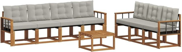 vidaXL Outdoor-Sofagarnitur 8-teilig aus Akazienholz und Textilene in Natur und Hellgrau mit Kissen und Tisch - Bild 1
