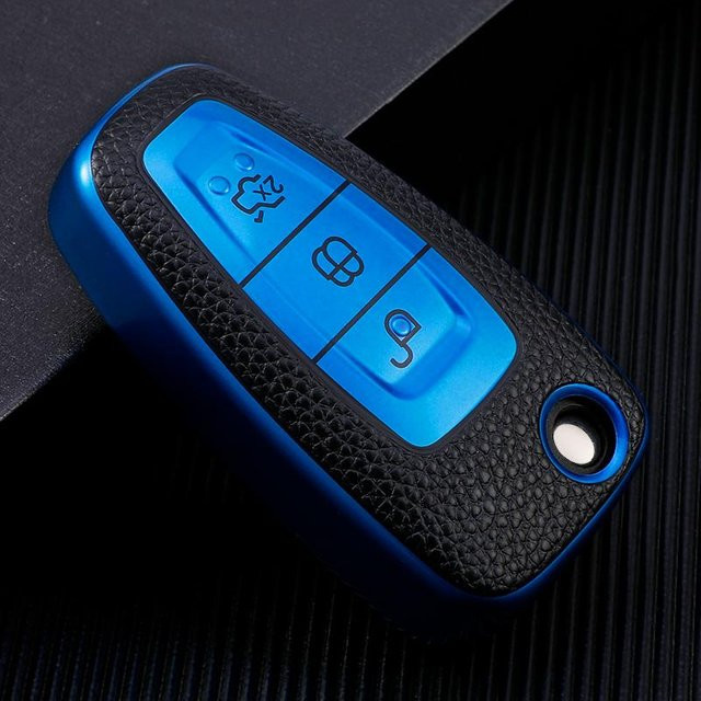 Leder TPU Smart Key Vollabdeckung Hülle für Ford Focus Mondeo Galaxy Fiesta Kuga Escape Ecosport in Blau - Bild 1