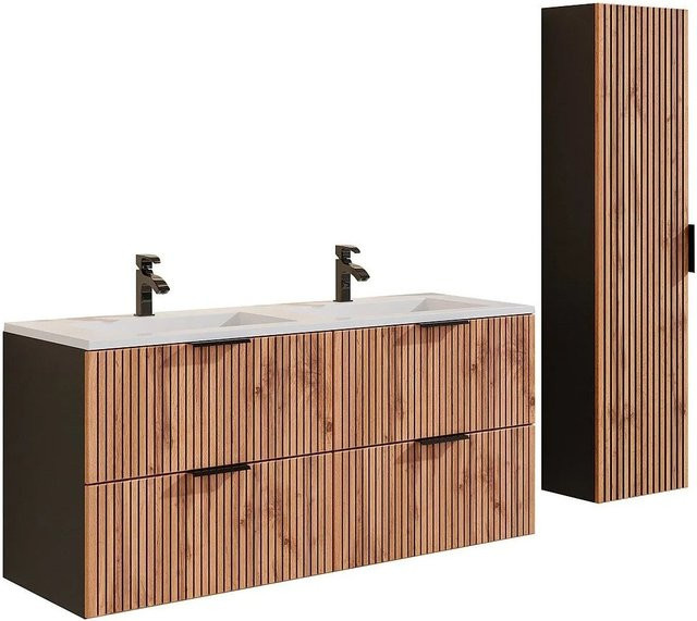 Vente-unique Badmöbel-Set Madela in Schwarz und Naturfarben mit Waschbeckenunterschrank, Einbauwaschbecken und Badhochschrank, Breite: 120 cm - Bild 1