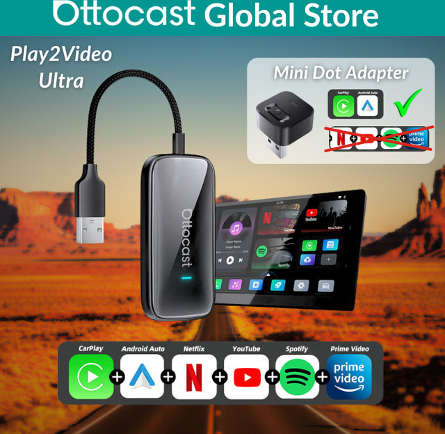 Ottocast Play2Video Ultra Mini WiFi6 AI Box Carplay Adapter mit Android Auto und App-Installation für Audi, Schwarz - Bild 1