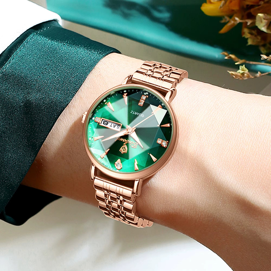 BINBOND Armbanduhr Quarz, Edelstahl, Roségold, Grün, Damen - Bild 3