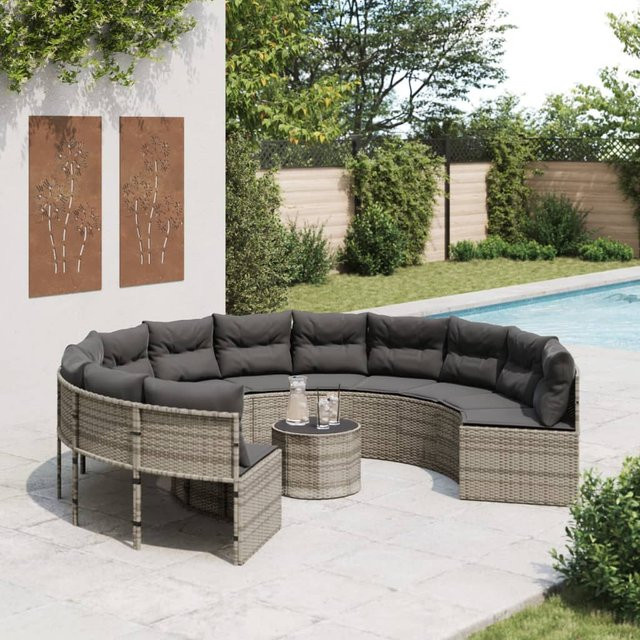 vidaXL Gartenset Rund aus grauem Polyrattan mit Tisch und Kissen aus wetterfestem Polyester - Bild 3