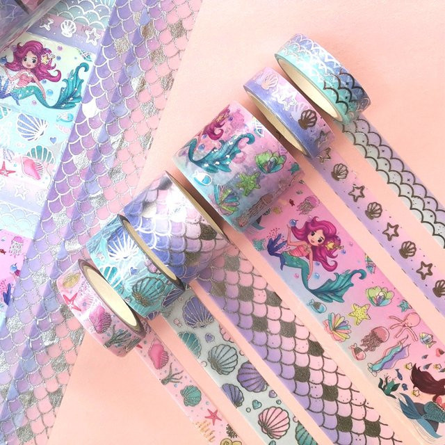 6 Rollen Meerjungfrau Washi-Tape Set in Silber und Multicolour mit Ozeanmotiven für Journaling und Scrapbooking - Bild 1