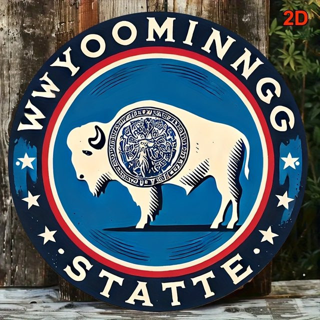 Potdemiel Vintage Wyoming State Seal Rundes Aluminiumschild mit Büffel-Emblem, Durchmesser: 20,3 cm - Bild 1