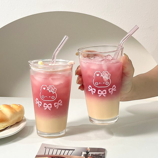 JONBT Kawaii Glasbecher mit Schleife und Deckel sowie Stroh, transparent, 450 ml - Bild 1
