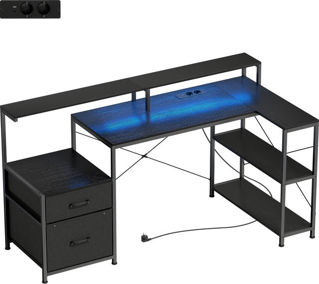 HOMCOM Gaming Tisch L-förmig in Schwarzer Holzoptik mit LED, Steckdosen und Doppelmonitorständer, B/T: 165 x 80 cm - Bild 1